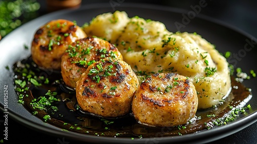 Delicious Grilled Meatballs Served with Creamy Mashed Potatoes and Savory Sauce A Gourmet Meal Perfect for Dinner