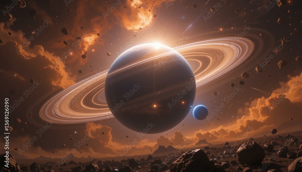 A blue 3D spaceship navigates the vast universe, its light reflecting off the global sphere of Earth and a distant solar planet A blue 3D spaceship navigates the vast universe, its light reflecting off the global sphere of Earth and a distant solar planet