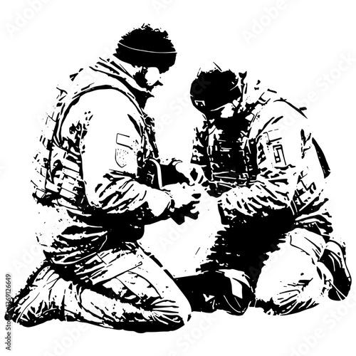 Black and White Ukraine Army Art Ilustration, They work together, supporting one another in the healing process with inverted perception