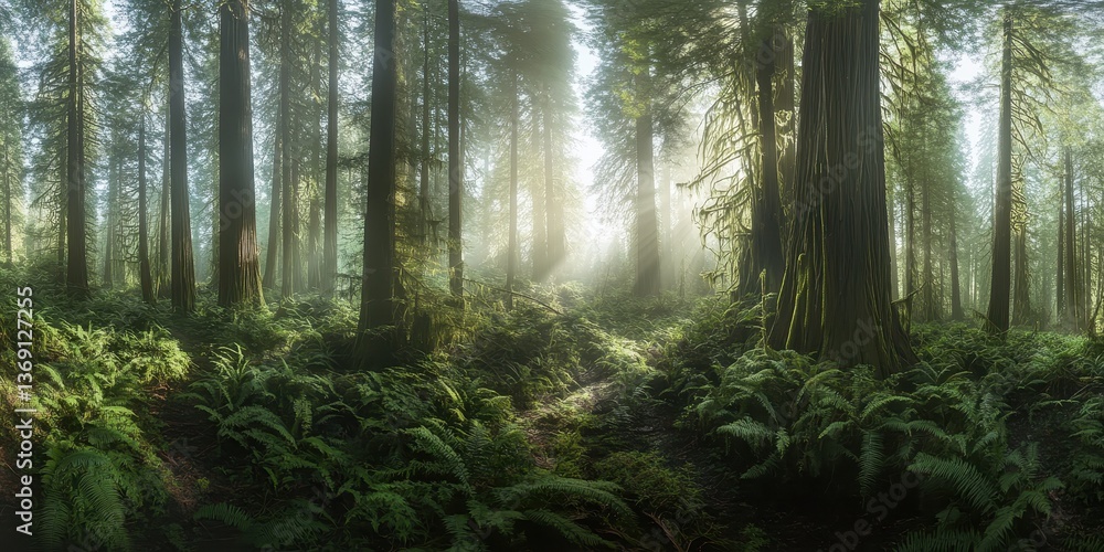 Obraz premium Lush forest scene with sunlight filtering through tall trees and vibrant ferns.