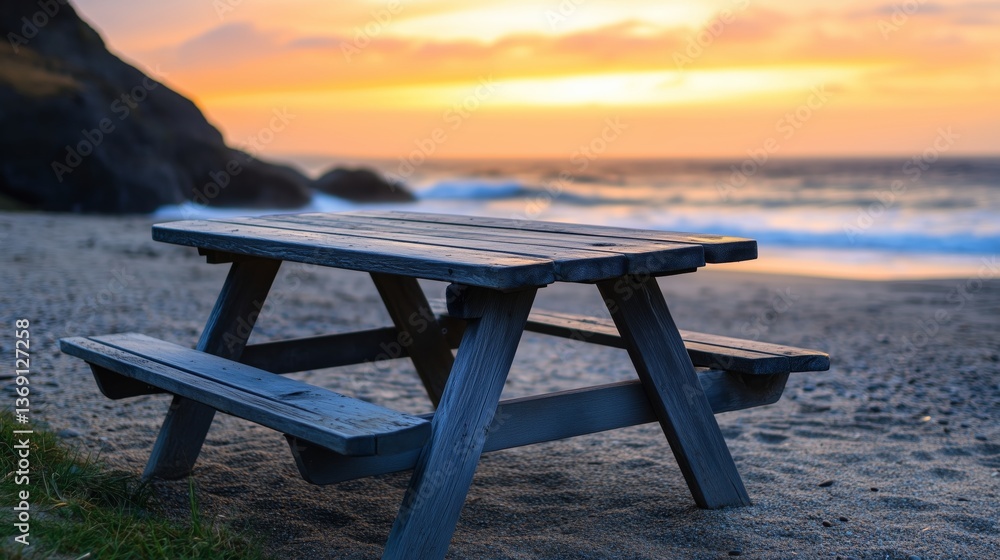 Weathered picnic table sits on a sandy beach at sunset near the ocean edge Weathered picnic table sits on a sandy beach at sunset near the ocean edge