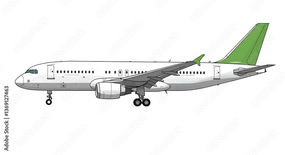 In Flight or Landing: Detailed Side View of Green and White Airplane In Flight or Landing: Detailed Side View of Green and White Airplane