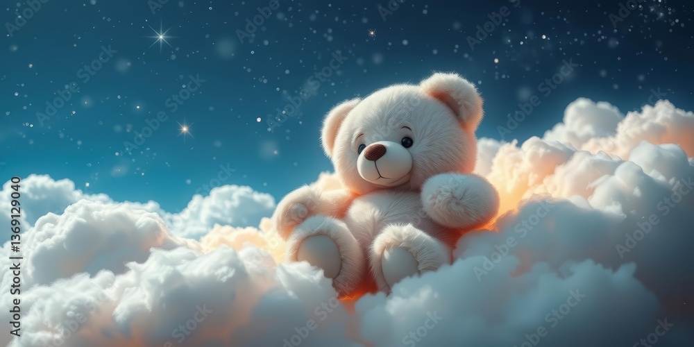 Fluffy teddy bear drifts on fluffy clouds, stars twinkling, imagination, art Fluffy teddy bear drifts on fluffy clouds, stars twinkling, imagination, art