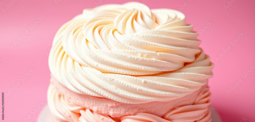 Fluffy vanilla cake, swirls of creamy frosting, pastel pink backdrop, top view, pastel colors Fluffy vanilla cake, swirls of creamy frosting, pastel pink backdrop, top view, pastel colors