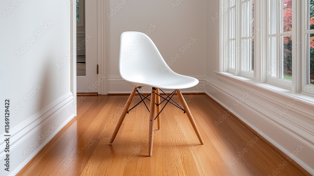 Fototapeta premium White Plastic Chair on Hardwood Floor in Bright Room