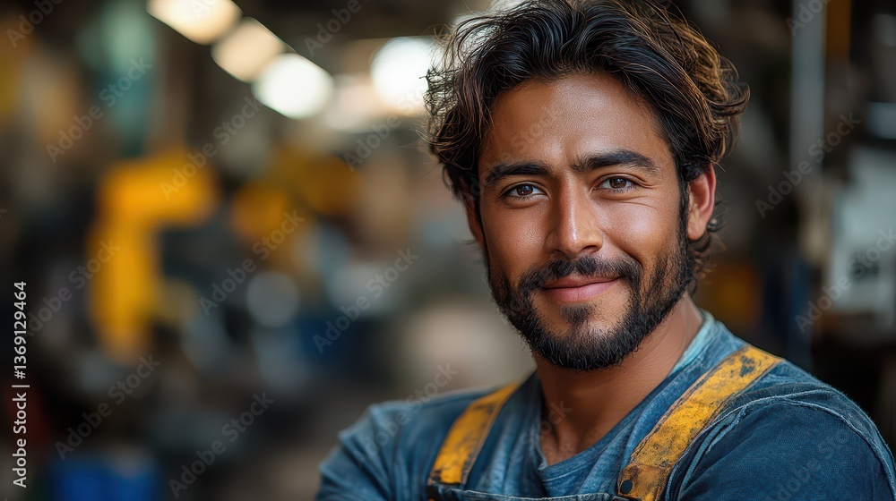 Man in workshop with smile and confidence Man in workshop with smile and confidence