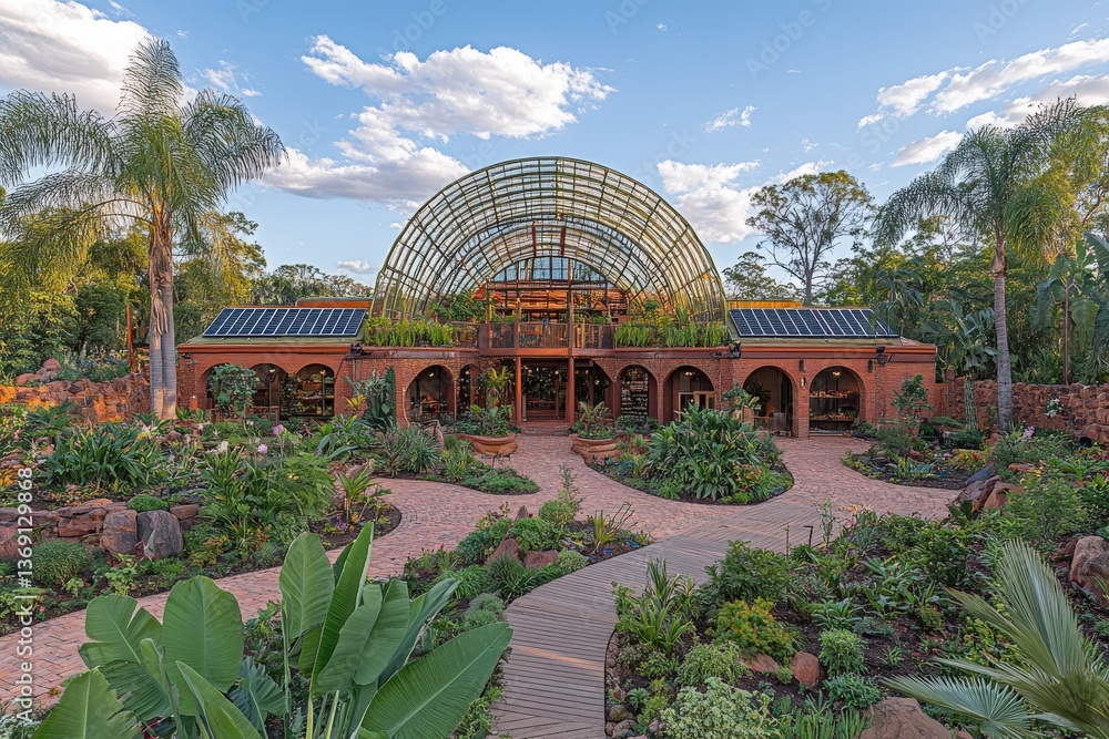 Fototapeta premium Stunning botanical garden with a unique, solar-powered, arched greenhouse structure. Lush landscaping, walkways, and tropical plants create a serene and inviting atmosphere.