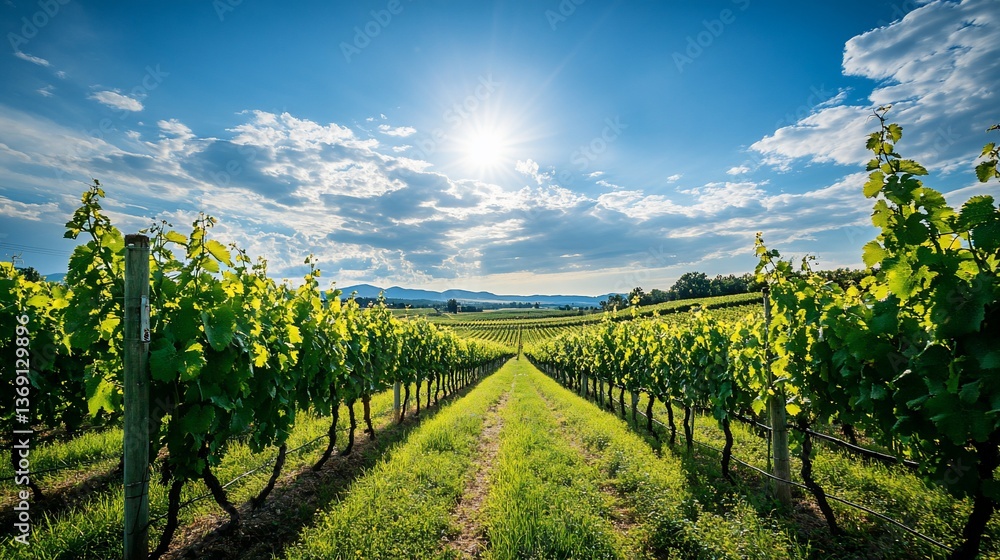 Naklejka premium Sunlit Vineyard Rows Under a Blue Sky