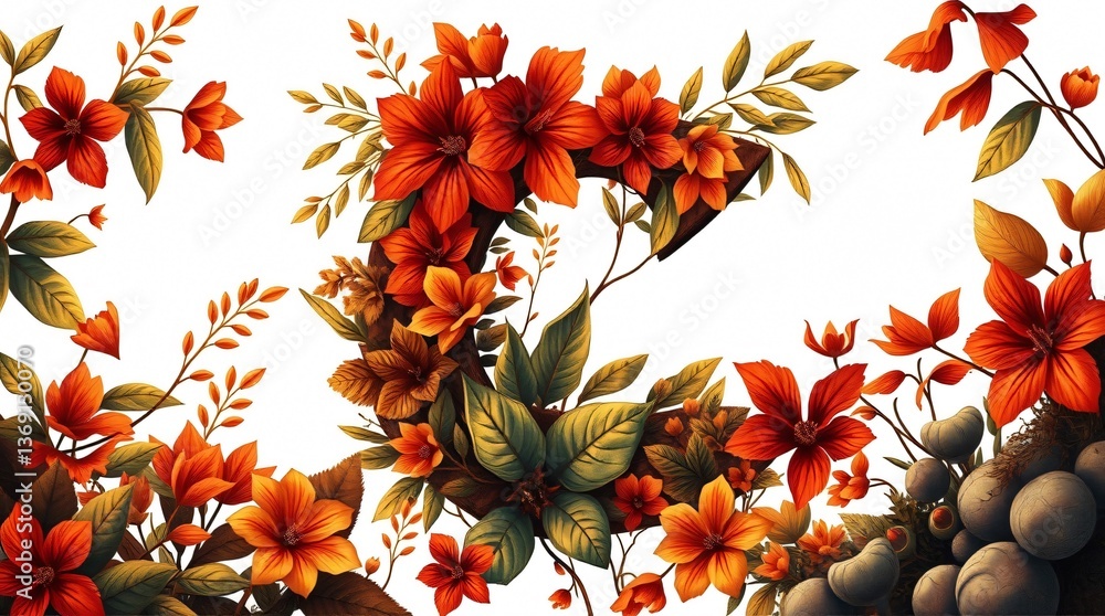 Obraz premium Botanical letter C with floral and leafy decorations, elegant nature-inspired typography on white background