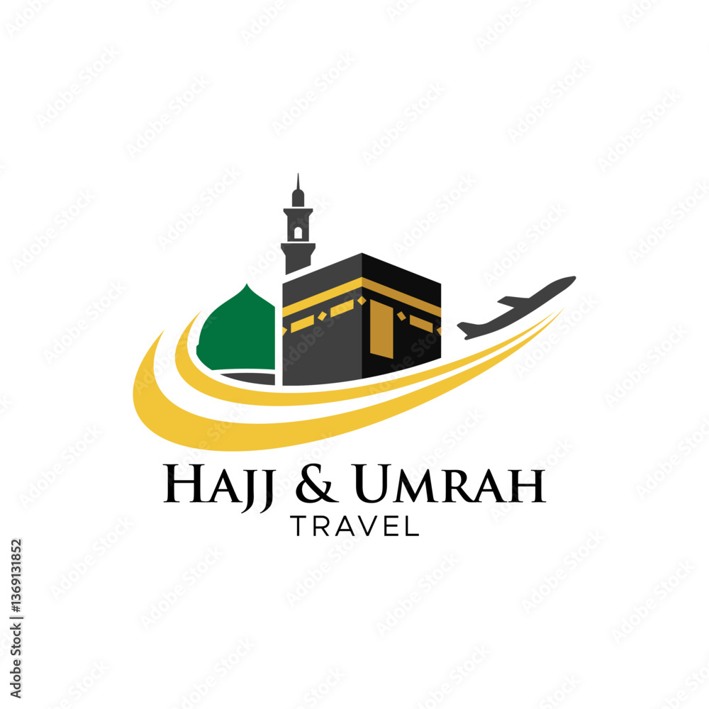 Modern and elegant Hajj and Umrah travel logo with a Kaaba, minarets, golden swoosh, and airplane. Ideal for travel agencies, pilgrimage services, and religious tourism branding Modern and elegant Hajj and Umrah travel logo with a Kaaba, minarets, golden swoosh, and airplane. Ideal for travel agencies, pilgrimage services, and religious tourism branding