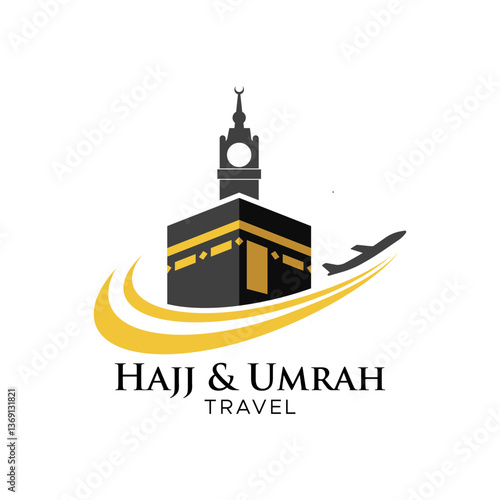 Modern and elegant Hajj and Umrah travel logo with a Kaaba, minarets, golden swoosh, and airplane. Ideal for travel agencies, pilgrimage services, and religious tourism branding