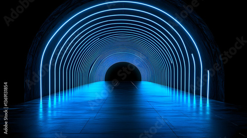 Blue Neon Light Tunnel With Glowing Pattern