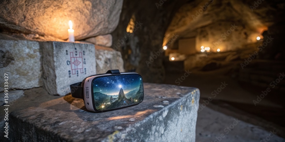 Virtual reality headset resting on stone surface in a candlelit cave, showcasing a starry night scene with mountains