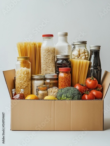 A Cardboard Box Overflowing with Various Groceries Including Pasta, Rice, Milk, and Fresh Produce