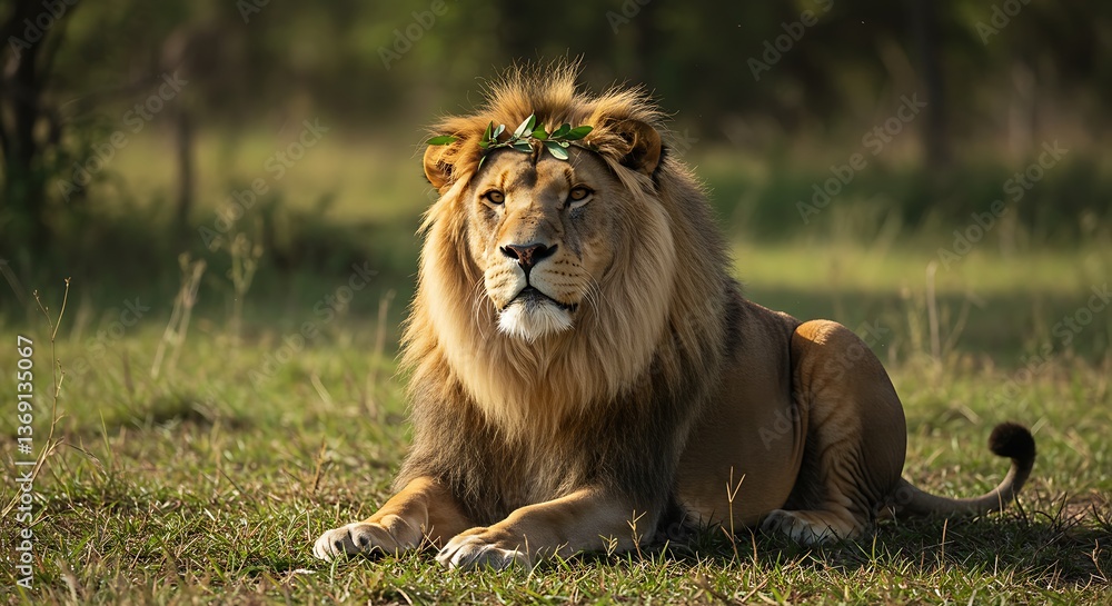 Naklejka premium Lion Resting on Grass Wearing Leaf Crown in Natural Habitat