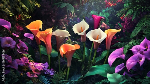 Vibrant Calla Lily Flowers with Lush Greenery, White, Orange, and Purple Blooms in Garden