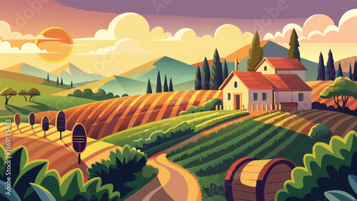 Picturesque Rural Landscape Sunset View Farm House Rolling Hills Vineyard