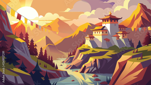 Majestic Mountaintop Monastery at Sunset Scenic Landscape Illustration