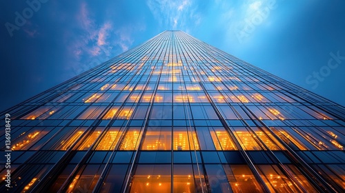 Wallpaper Mural Skyscraper facade illuminated at dusk, urban view, corporate building Torontodigital.ca