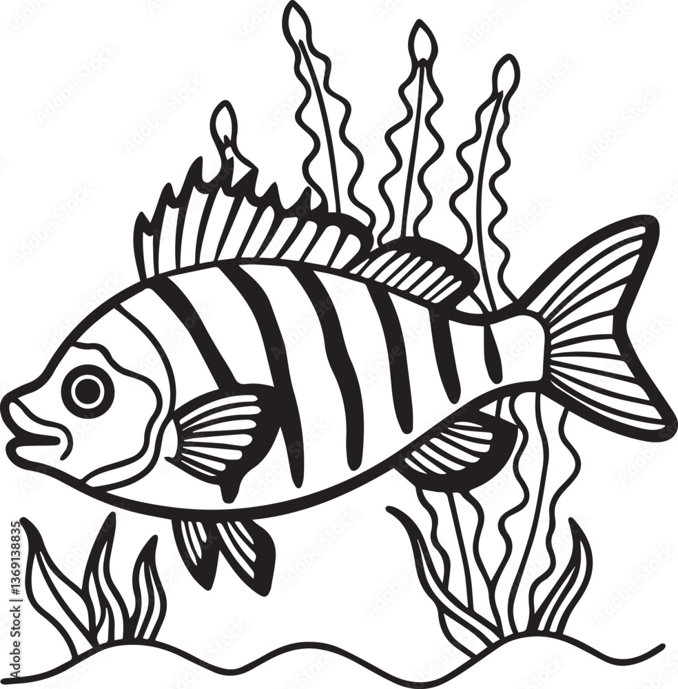 Fototapeta premium black jewelfish fish, vector illustration of a fish, Jewelfish silhouette vector black and white