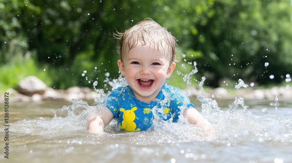 Happy baby splashing in a shallow stream Happy baby splashing in a shallow stream
