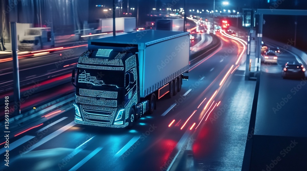 Futuristic Semi-Truck on Night Highway, Digital Light Trails Futuristic Semi-Truck on Night Highway, Digital Light Trails