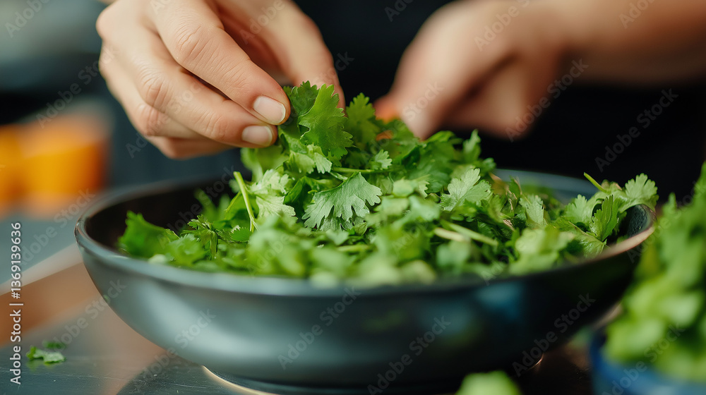 Close-up of a chef adding fresh cilantro to a perfectly arranged bowl of Asian fusion cuisine, clean, modern kitchen lighting Close-up of a chef adding fresh cilantro to a perfectly arranged bowl of Asian fusion cuisine, clean, modern kitchen lighting