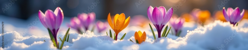 Naklejka premium Close-up of vibrant crocus flowers blooming in the melting snow , spring, purple, garden