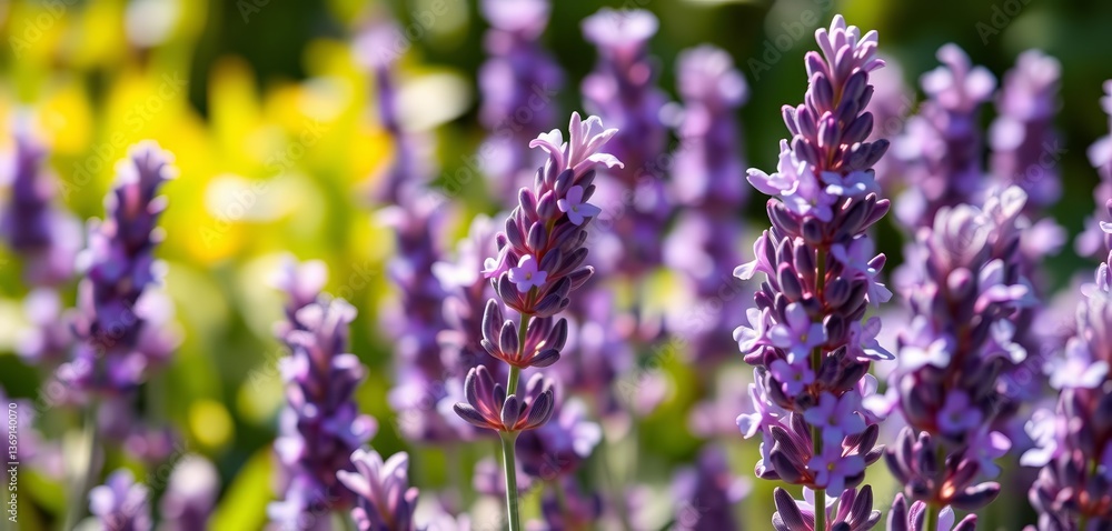 Obraz premium Close-up of vibrant lavender blossoms bathed in sunlight, showcasing texture and color, floral, closeup