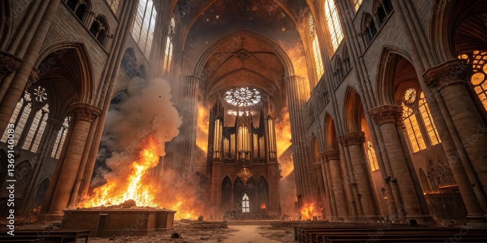 Fire engulfs historic cathedral interior, illuminating the space with a dramatic orange glow