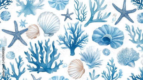 Serene Watercolor Seascape: Ocean Coral and Seashells