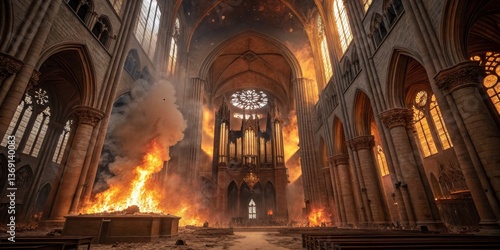 Obraz na płótnie Fire engulfs historic cathedral interior, illuminating the space with a dramatic orange glow w salonie