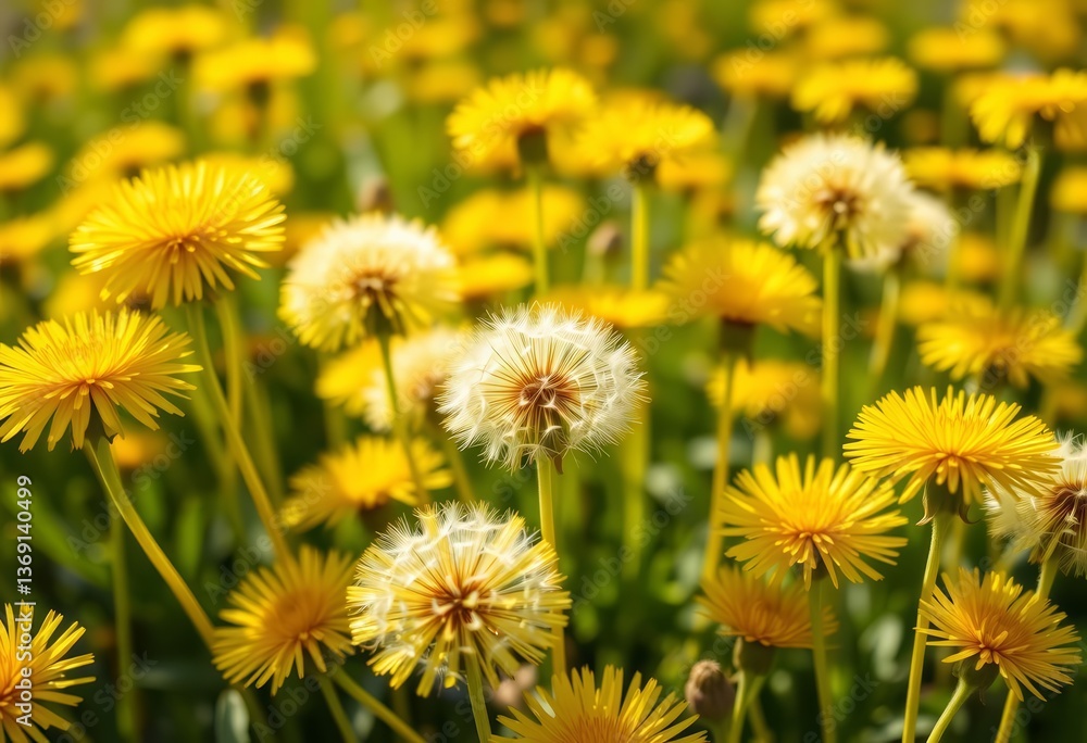 Close-up of vibrant yellow dandelions in full bloom, bathed in spring sunlight, dandelion, beauty Close-up of vibrant yellow dandelions in full bloom, bathed in spring sunlight, dandelion, beauty