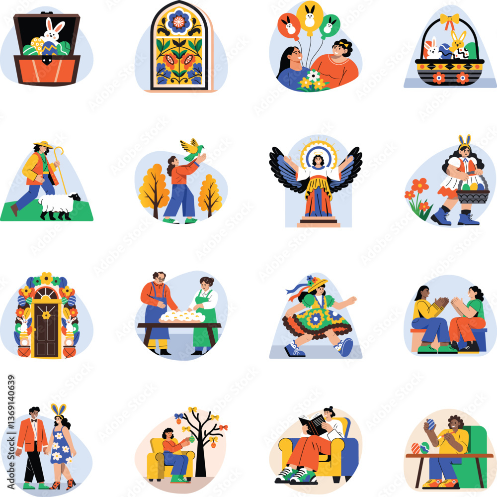 Fototapeta premium Set of Flat Style Easter Celebration Illustrations