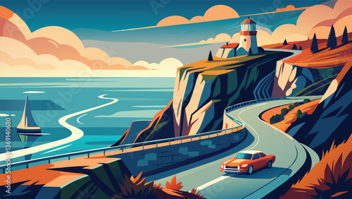 Scenic Coastal Highway Road Trip Classic Car Drives Past Lighthouse