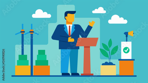 A speaker discusses the impact of government policies and regulations on energy conservation efforts in the industry.. Vector illustration