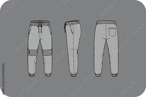 Jogger Pants Mockup: Front, Side, Back View - Grey Sweatpants Template for Apparel Design Presentation