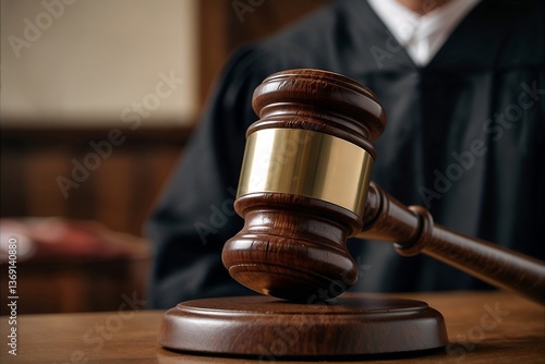 Close up image of a judge's gavel and sound block, a judge in robe can be seen in the background