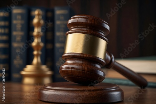 Close up image of a judge's gavel and sound block, law books can be seen in the background
