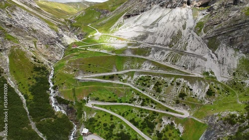 Close drone shot looking against the mountain of the Bormio Stelvio Pass, Italy