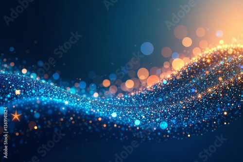 Elegant blue and gold glitter wave design with abstract sparkles, blue, background, wave