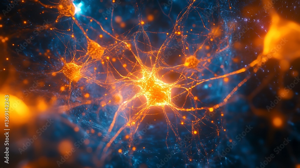 Glowing interconnected network of bright orange nodes and filaments against a dark background, visually representing cosmic or neural complexity Glowing interconnected network of bright orange nodes and filaments against a dark background, visually representing cosmic or neural complexity