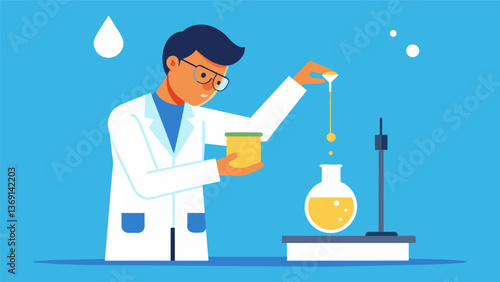 A technician in a lab coat holding a dropper filled with a clear liquid carefully adding a few drops to a beaker of crude oil to examine its water. Vector illustration