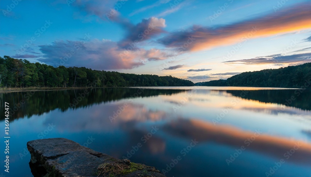 Fototapeta premium Ripples on a Still Lake Mirroring the Graceful Dance of Twilight Clouds