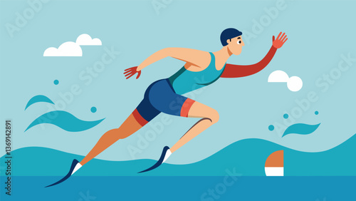 A swimmer with a prosthetic leg s through the water reaching the finish line with a proud smile on their face.. Vector illustration