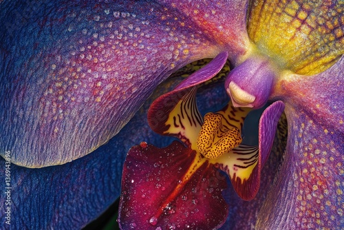 Close-up of a vibrant orchid with purple, red, and yellow petals, showcasing intricate details and water droplets.