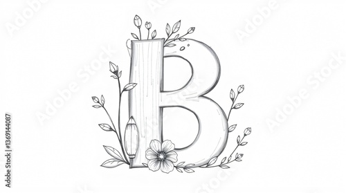 Botanical letter B with floral and foliage elements, elegant nature-inspired typography on white background