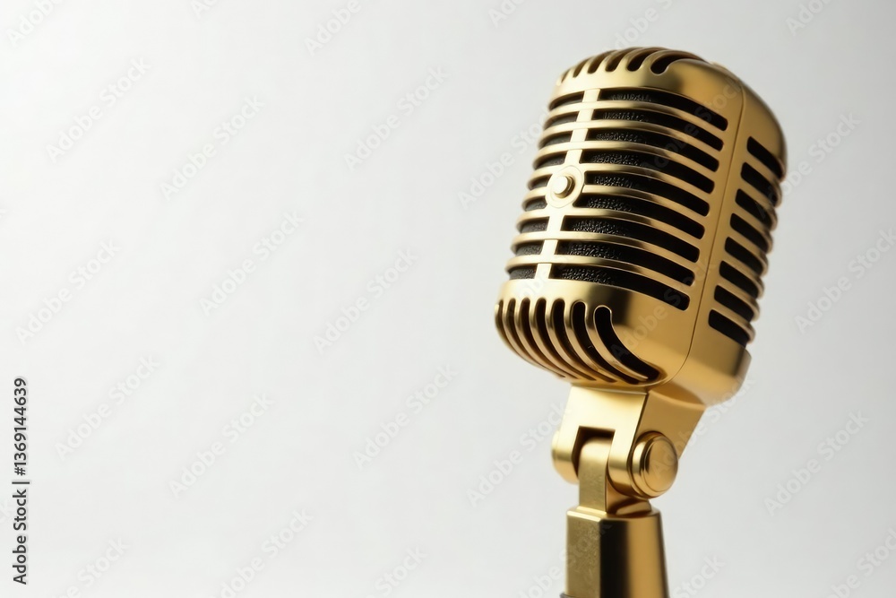 Fototapeta premium Close-up of a gold microphone on white background, isolated, accessory, rap