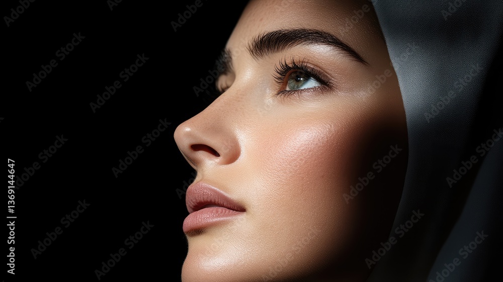Fototapeta premium Close-up profile of a woman with flawless skin and a light-colored hijab, highlighting beauty and elegance