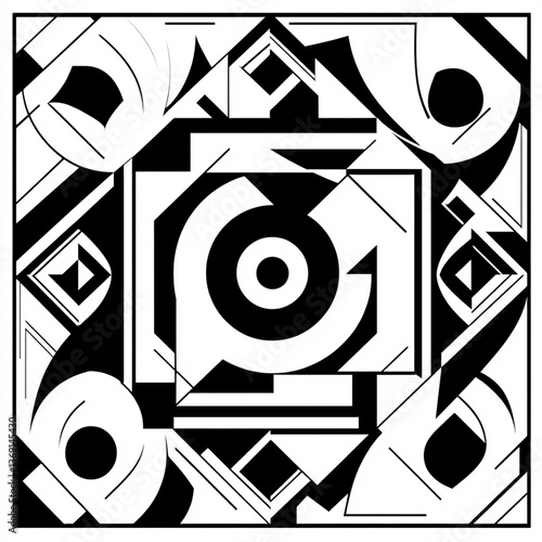 Bold abstract black and white tribal-inspired geometric art with circular and angular shapes in a symmetrical composition featuring modern symbolism and design